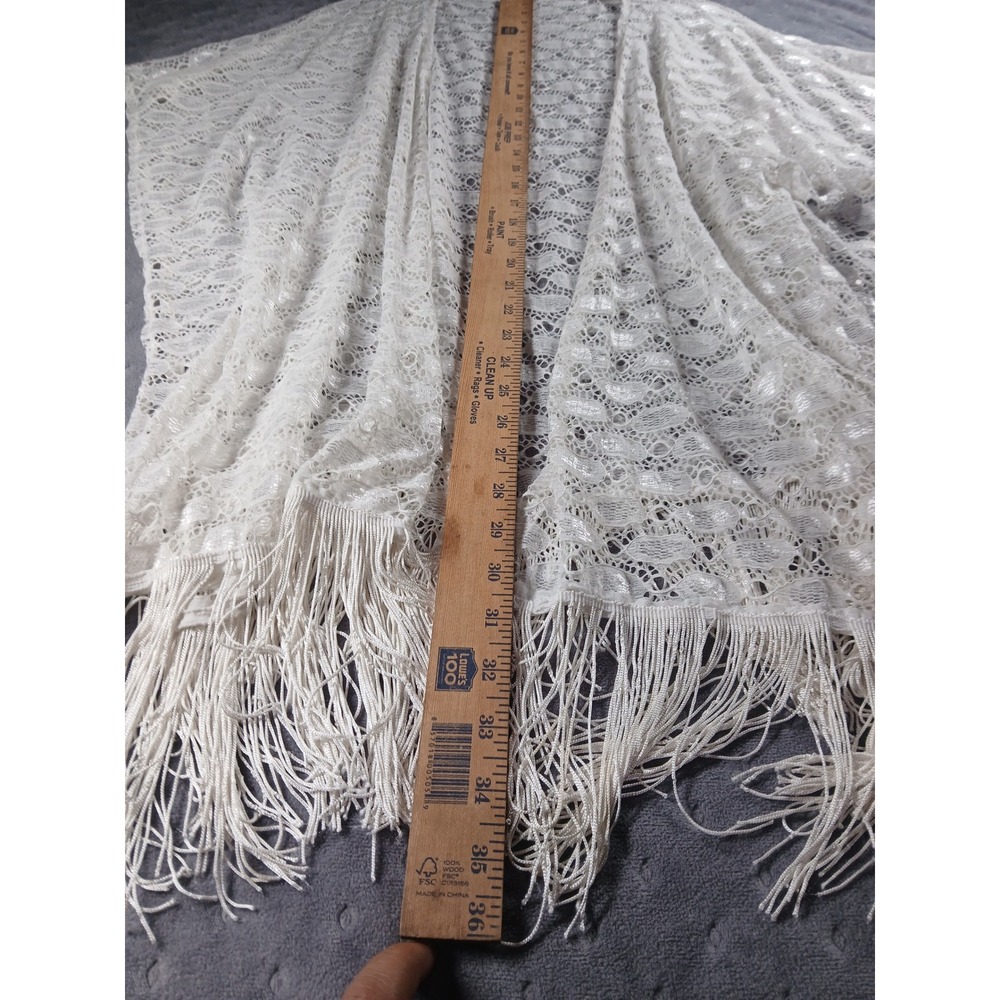 White Lace Kimono Wrap. One Size.Fringe Trim Boho Festival Beach Duster Cover-up - Picture 4 of 7